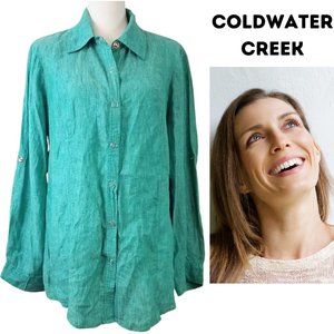 COLDWATER CREEK Green 100% Linen Snap-Front Roll-Sleeve Shirt Women's 1X